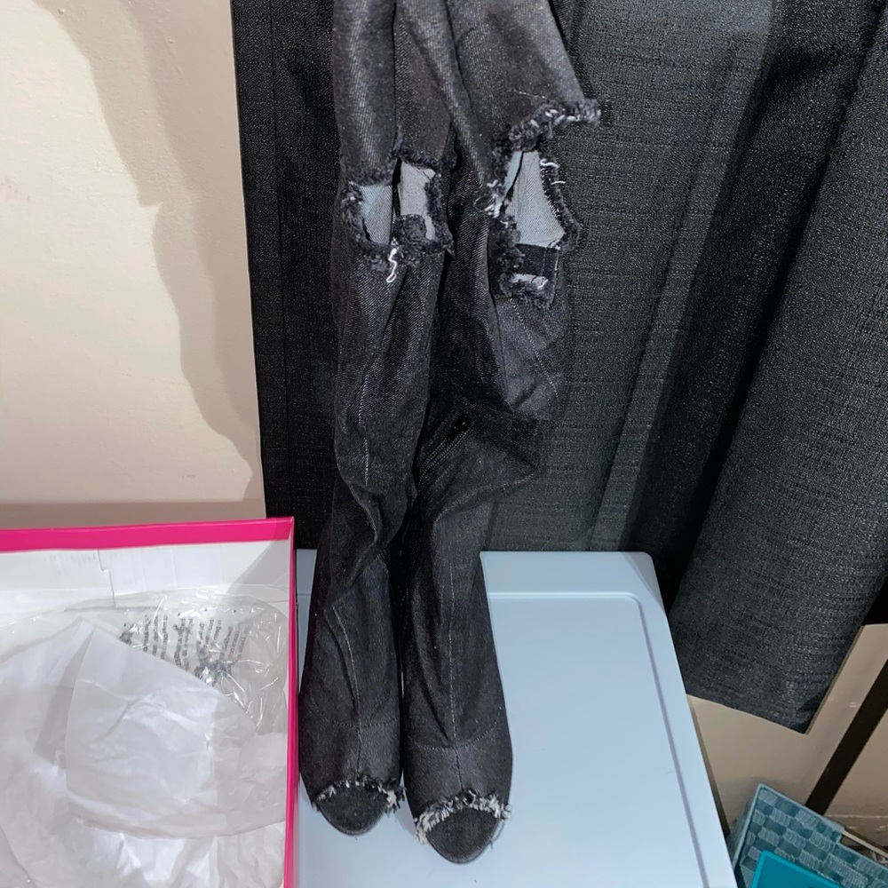 BRAND NEW Black Denim Heeled Boot with Open Toes